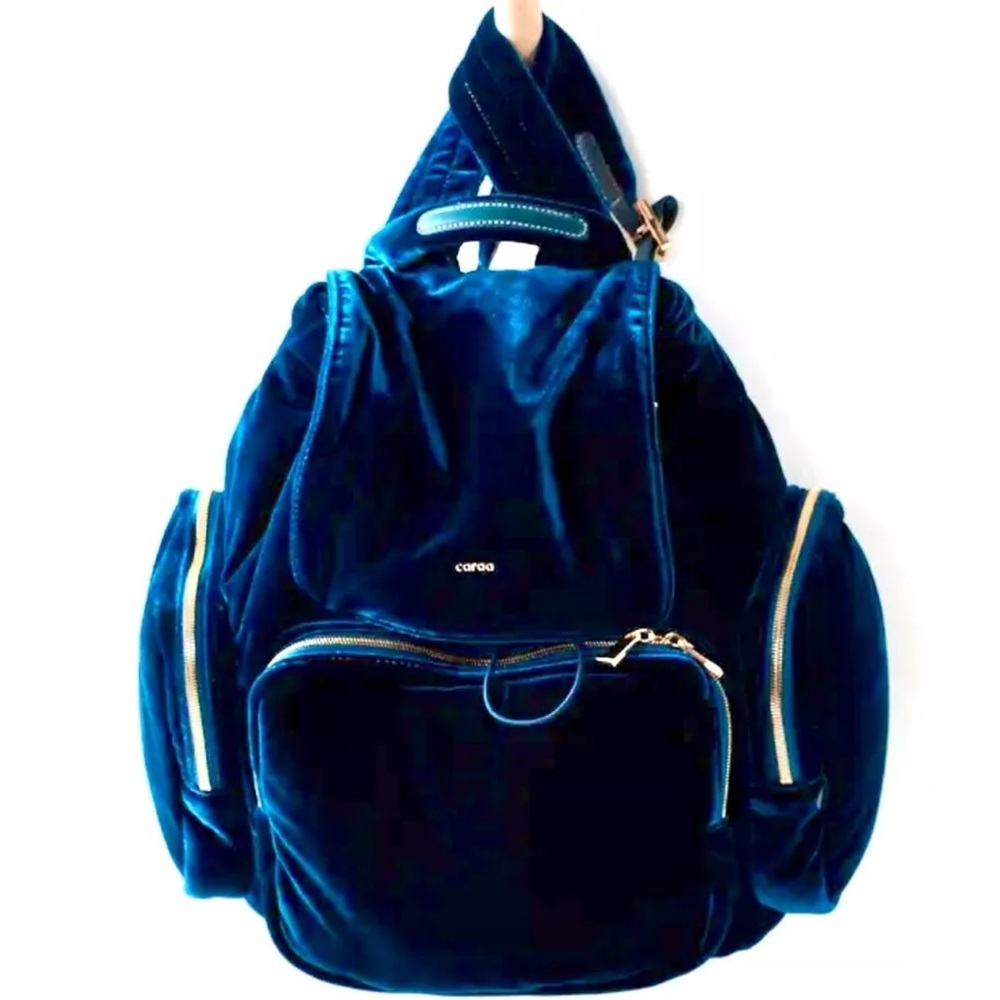 Caraa x free people Velvet Backpack in Deep Blue with Gold Hardware